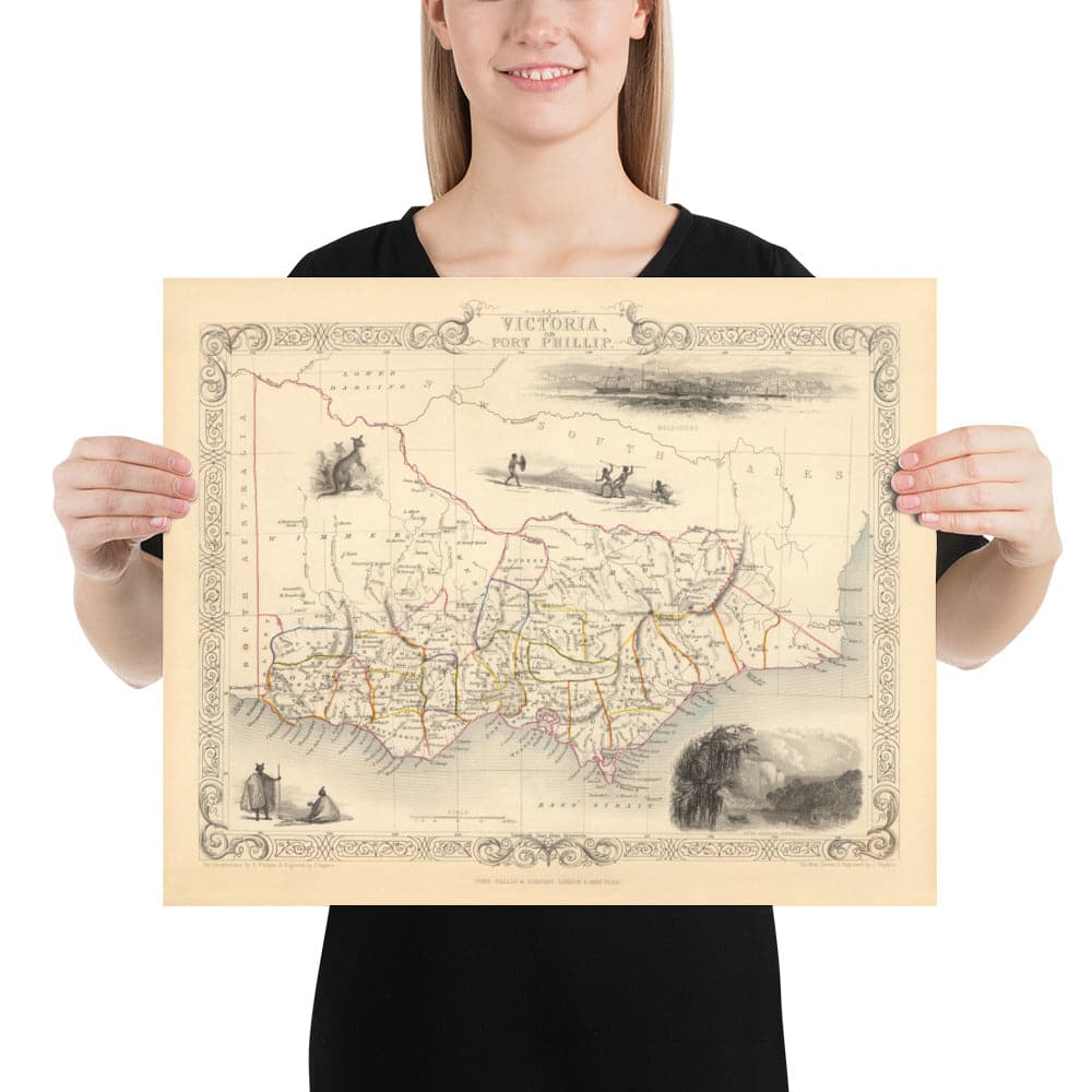Old Map of Victoria, Australia par Tallis & Rapkin, 1851 - Melbourne, Geelong, Bourke, Grant, Evelyn Counties