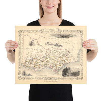 Old Map of Victoria, Australia par Tallis & Rapkin, 1851 - Melbourne, Geelong, Bourke, Grant, Evelyn Counties