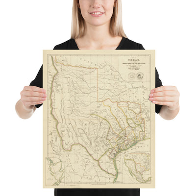 Ancienne carte de la République du Texas, 1841 - Pays indépendant avant les États-Unis, Houston, San Antonio, Golfe du Mexique