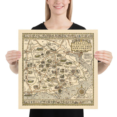 Pratts High Test Plan of the New Forest, 1930 - Hampshire, Lyndhurst - Old Vintage Motoring Car Map - Esso, Standard Oil