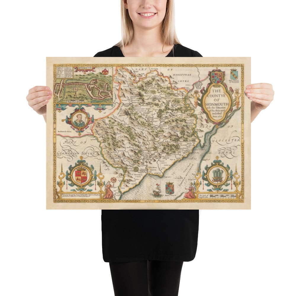 Old Map of Monmouthshire, Wales, 1611 by John Speed - Abergavenny, Caldicot, Chepstow, Monmouth, Magor