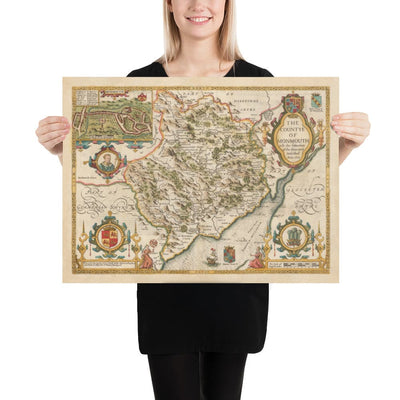 Old Map of Monmouthshire, Wales, 1611 by John Speed - Abergavenny, Caldicot, Chepstow, Monmouth, Magor