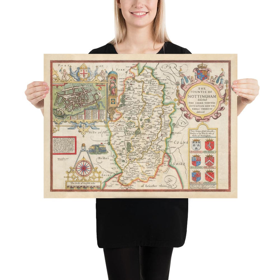 Ancienne carte de Nottinghamshire, 1611 par John Speed ​​- Nottingham, Mansfield, Newark, Worksop