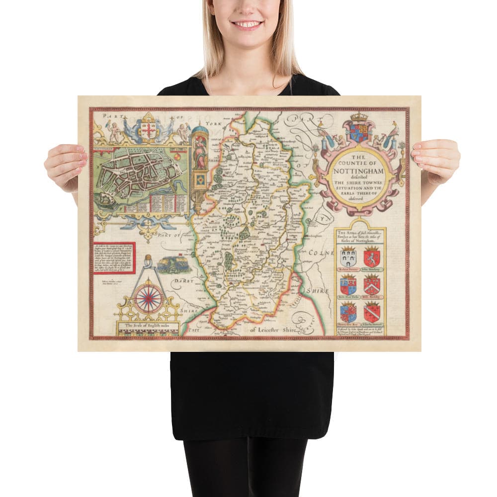 Alte Karte von Nottinghamshire, 1611 von John Speed - Nottingham, Mansfield, Newark, Worksop 