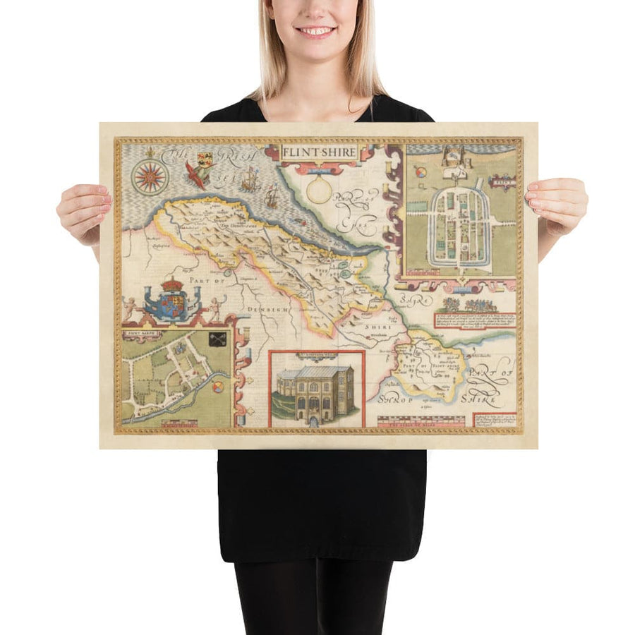 Mappa antica del Flintshire in Galles, 1611 di John Speed - Flint, Mold, Chester, Wrexham 