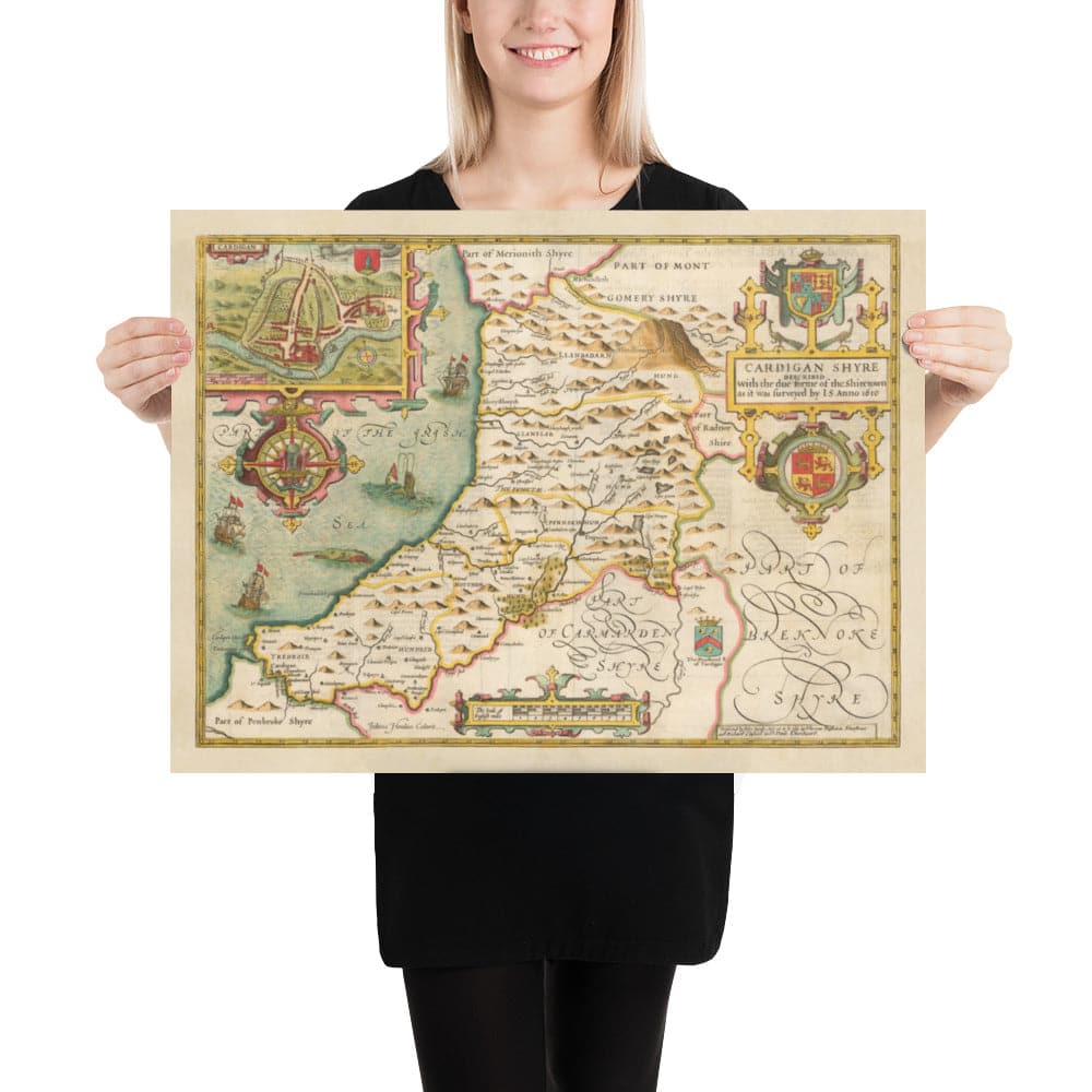 Mapa antiguo de Ceredigion Wales, 1611 por John Speed ​​- Cardiganshire, Aberystwyth, Cardigan
