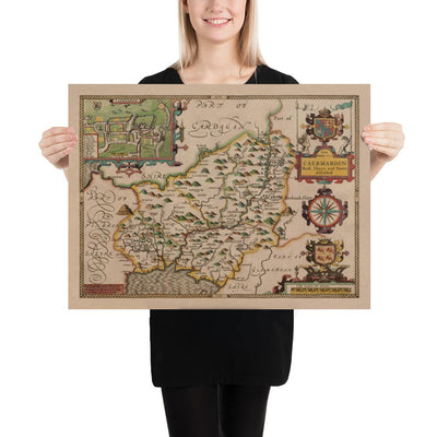 Alte Karte von Carmarthenshire Wales, 1611 von John Speed - Carmarthen, Llanelli, Llandovery 