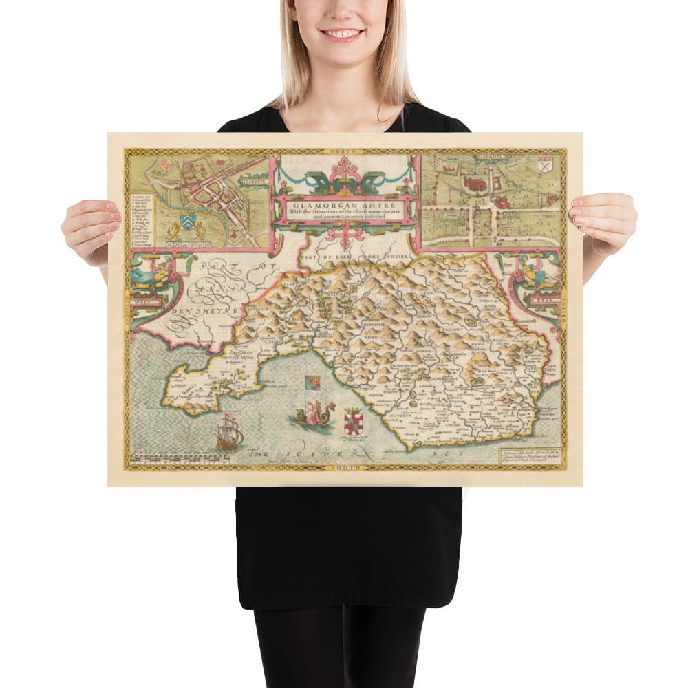 Mapa antiguo de Glamorgan Gales, 1611 de John Speed ​​- Cardiff, Swansea, Bridgend, Port Talbot, Barry