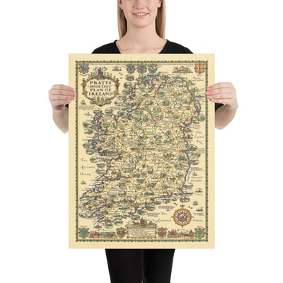 Pratts High Test Plan of Ireland, Eire, 1933 - Dublin, Belfast, Ulster - Old Vintage Motoring Car Map - Esso, Standard Oil