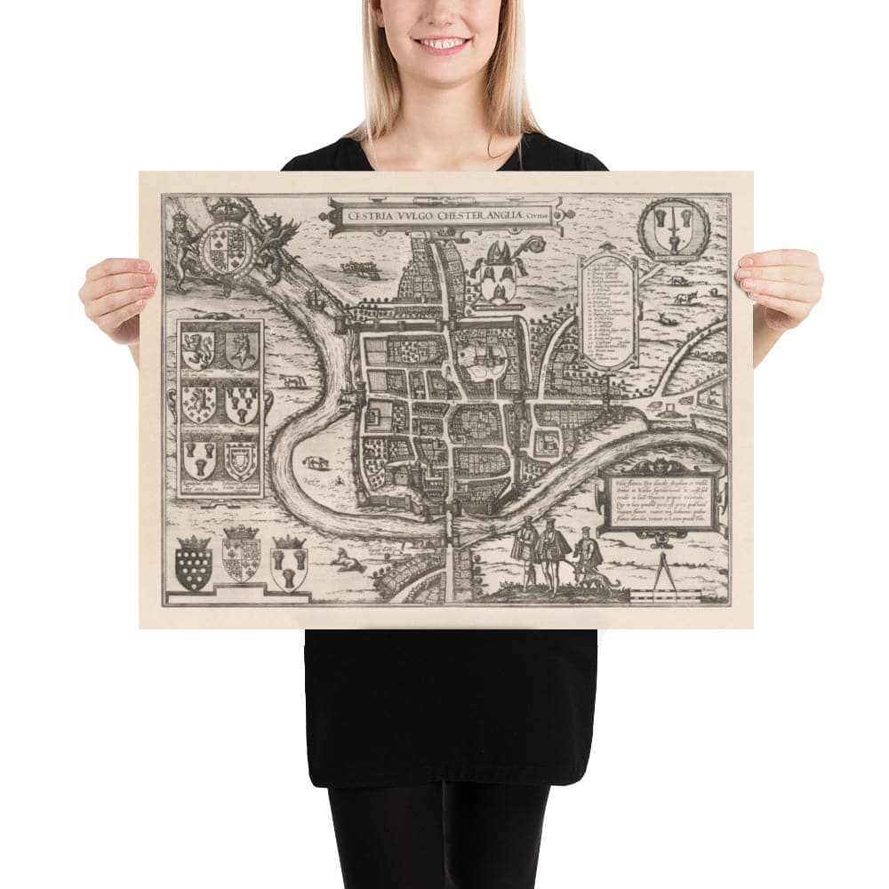 Mapa antiguo de Chester, Cheshire 1581 por Georg Braun - Castillo, Catedral, Murallas de la ciudad romana