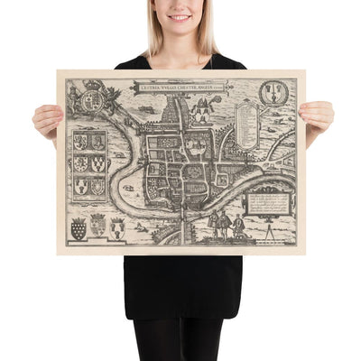 Mapa antiguo de Chester, Cheshire 1581 por Georg Braun - Castillo, Catedral, Murallas de la ciudad romana