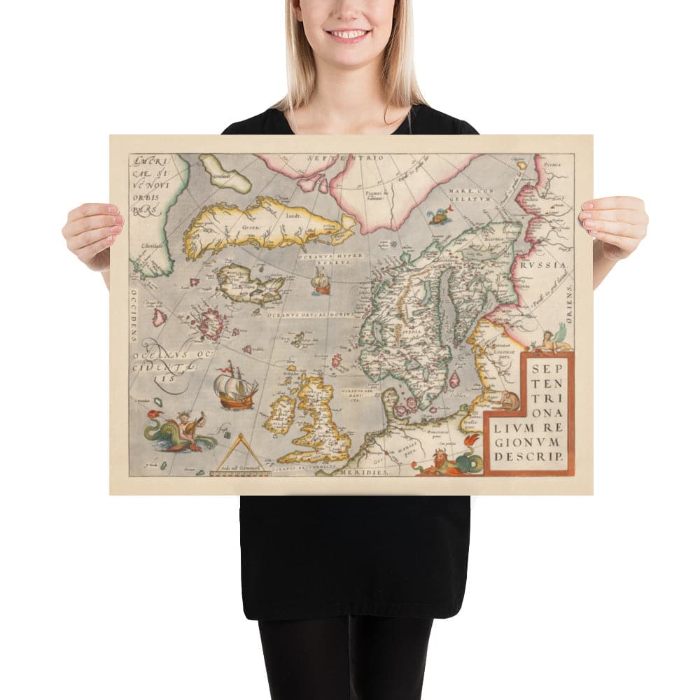 Old Map of North Sea and Atlantic, 1575 with Mythical Frisland by Abraham Ortelius - Scandinavia, British Isles, Iceland, Greenland