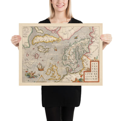 Old Map of North Sea and Atlantic, 1575 with Mythical Frisland by Abraham Ortelius - Scandinavia, British Isles, Iceland, Greenland