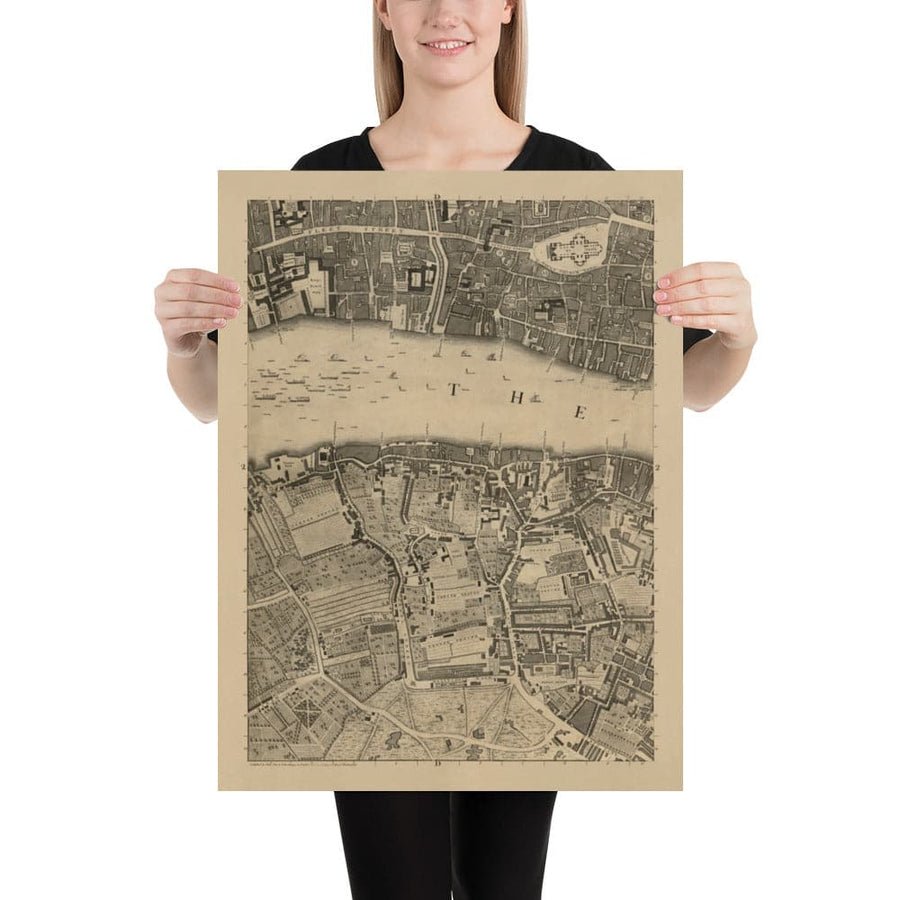 Ancienne carte de Londres, 1746 par John Rocque - D2 - Cathédrale Saint-Pauls, Blackfriars, Southbank, Banksive ,. Street Fleet, Temple, Upper Terrain