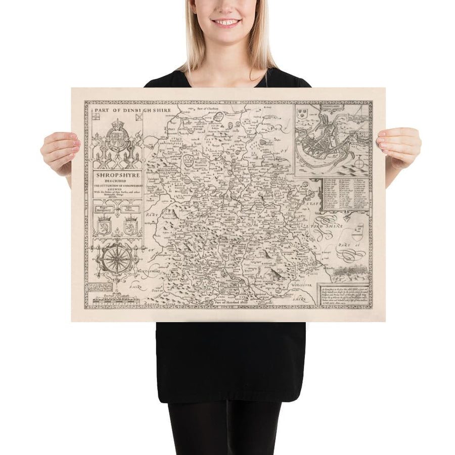 Vieille carte du Shropshire en 1611 par John Speed ​​- Shrewsbury, Telford, Bridgnorth, Oswestry, Newport, Ludlow