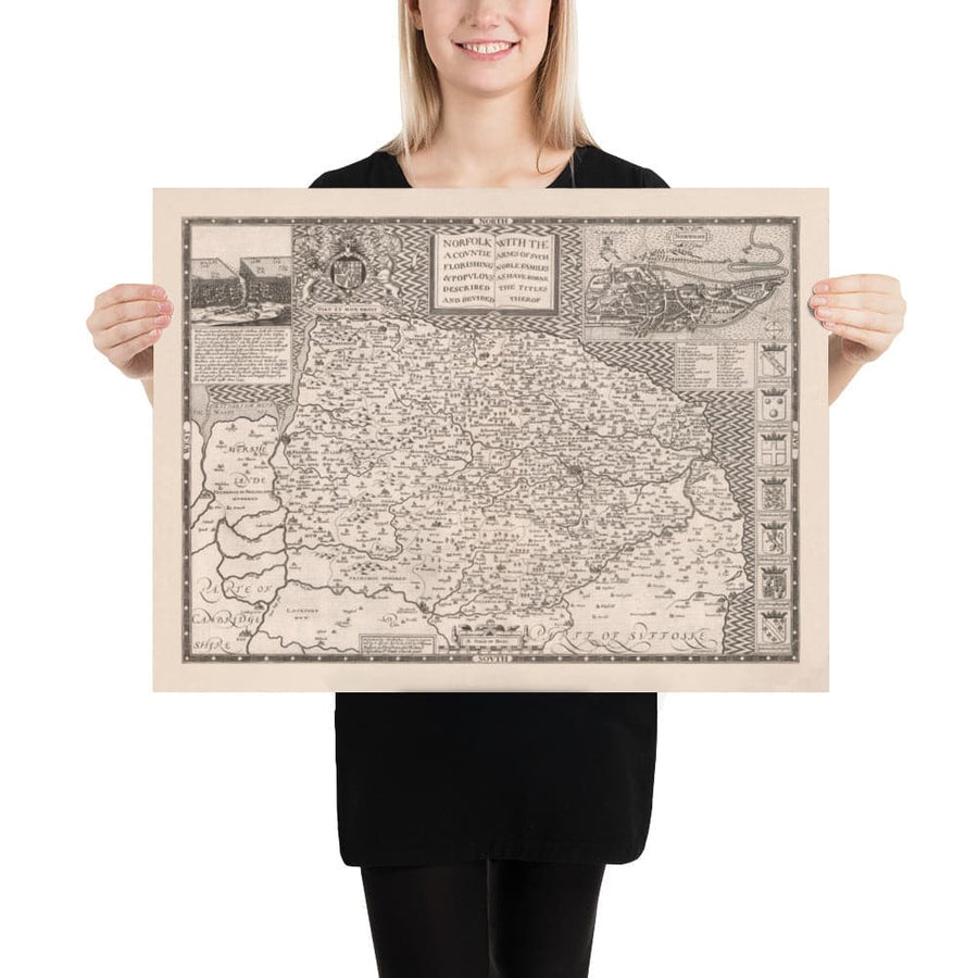 Ancienne carte de Norfolk, 1611 de John Speed ​​- Norwich, Great Yarmouth, King&