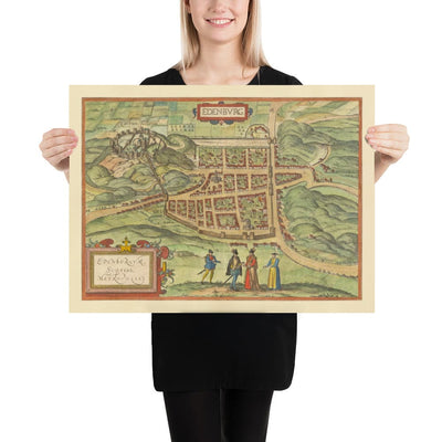 Old Map of Edinburgh, 1580 by Georg Braun - Castle, City Walls, St Giles Cathedral, Old Town
