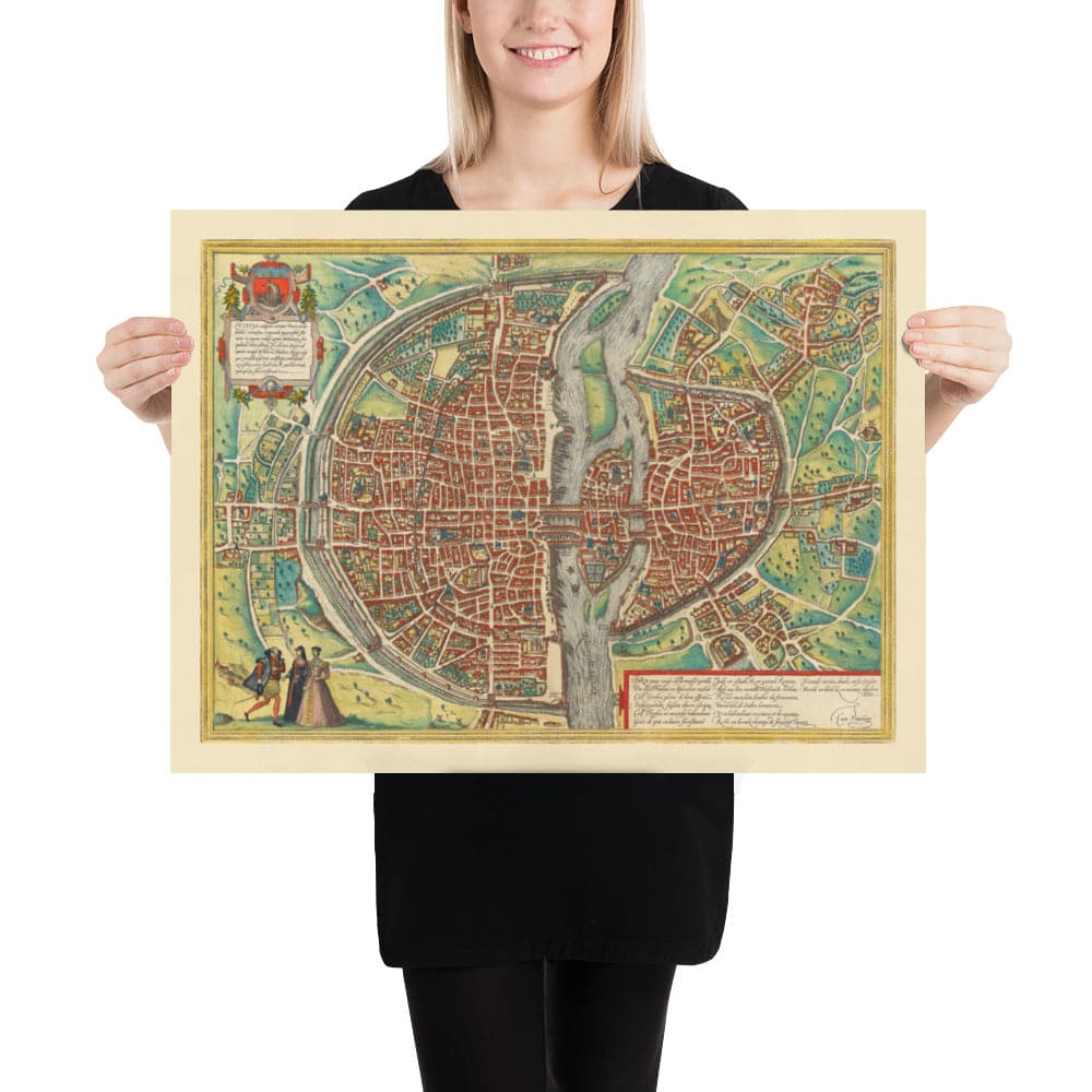 Viejo Mapa de París, 1572 de Braun - Notre Dame, Sainte Chapelle, Bastilla, Sena, Catedral, Murallas de la ciudad