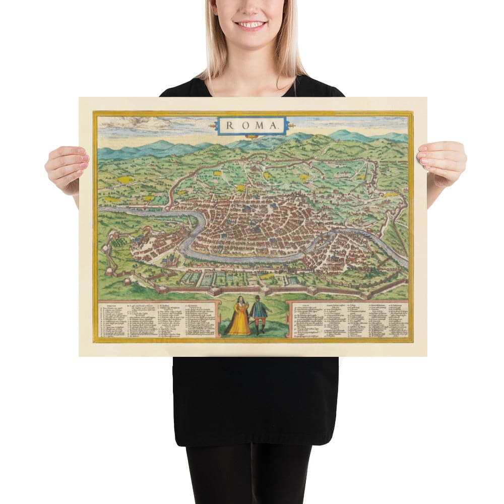 Alte Karte von Rom, 1572 von Braun - Vatikanstadt, Papstpalast, Forum, Pantheon, antike Ruinen, Kolosseum 