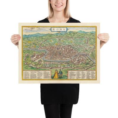 Alte Karte von Rom, 1572 von Braun - Vatikanstadt, Papstpalast, Forum, Pantheon, antike Ruinen, Kolosseum 