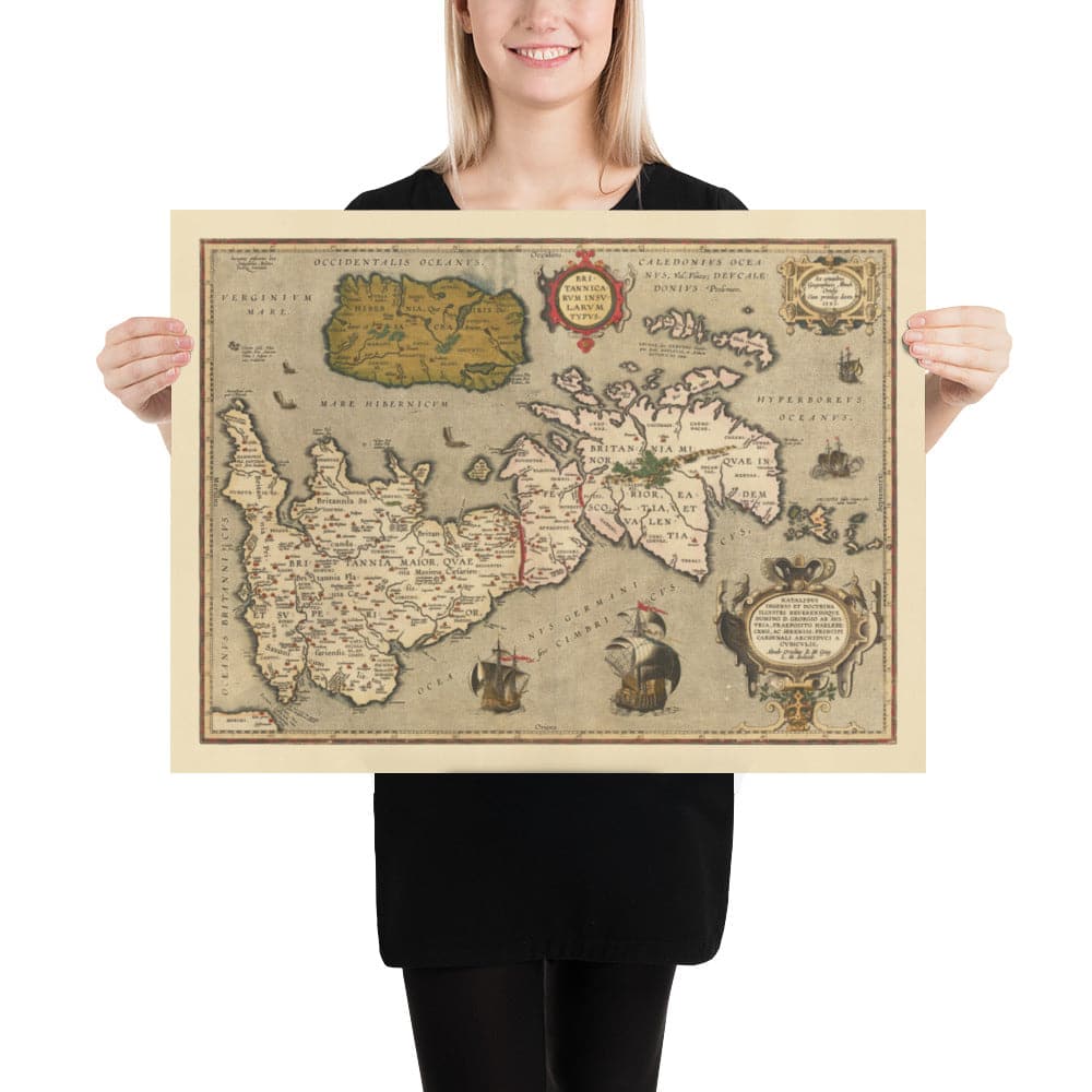 Viejo mapa de Islas Británicas por Abraham Ortelius, 1595 - Inglaterra, Irlanda, Gales, Escocia - Britannia, Hibernia