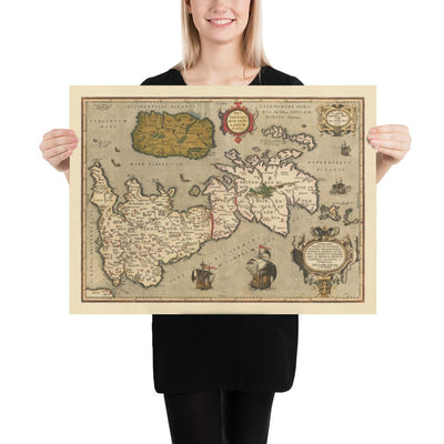 Viejo mapa de Islas Británicas por Abraham Ortelius, 1595 - Inglaterra, Irlanda, Gales, Escocia - Britannia, Hibernia