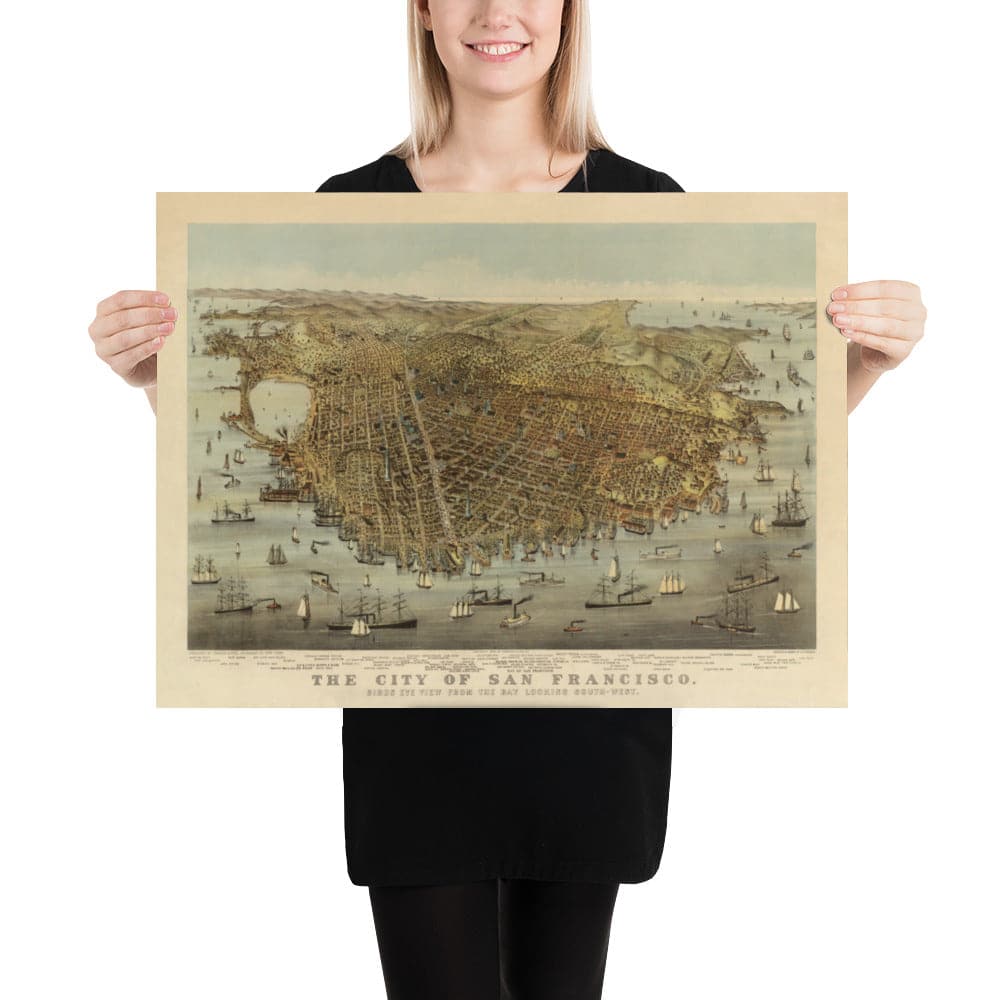 Vieux oiseaux Carte des yeux de San Francisco en 1878 - Baie de la baie, Golden Gate, Gold Rush, Mission Bay, North Beach