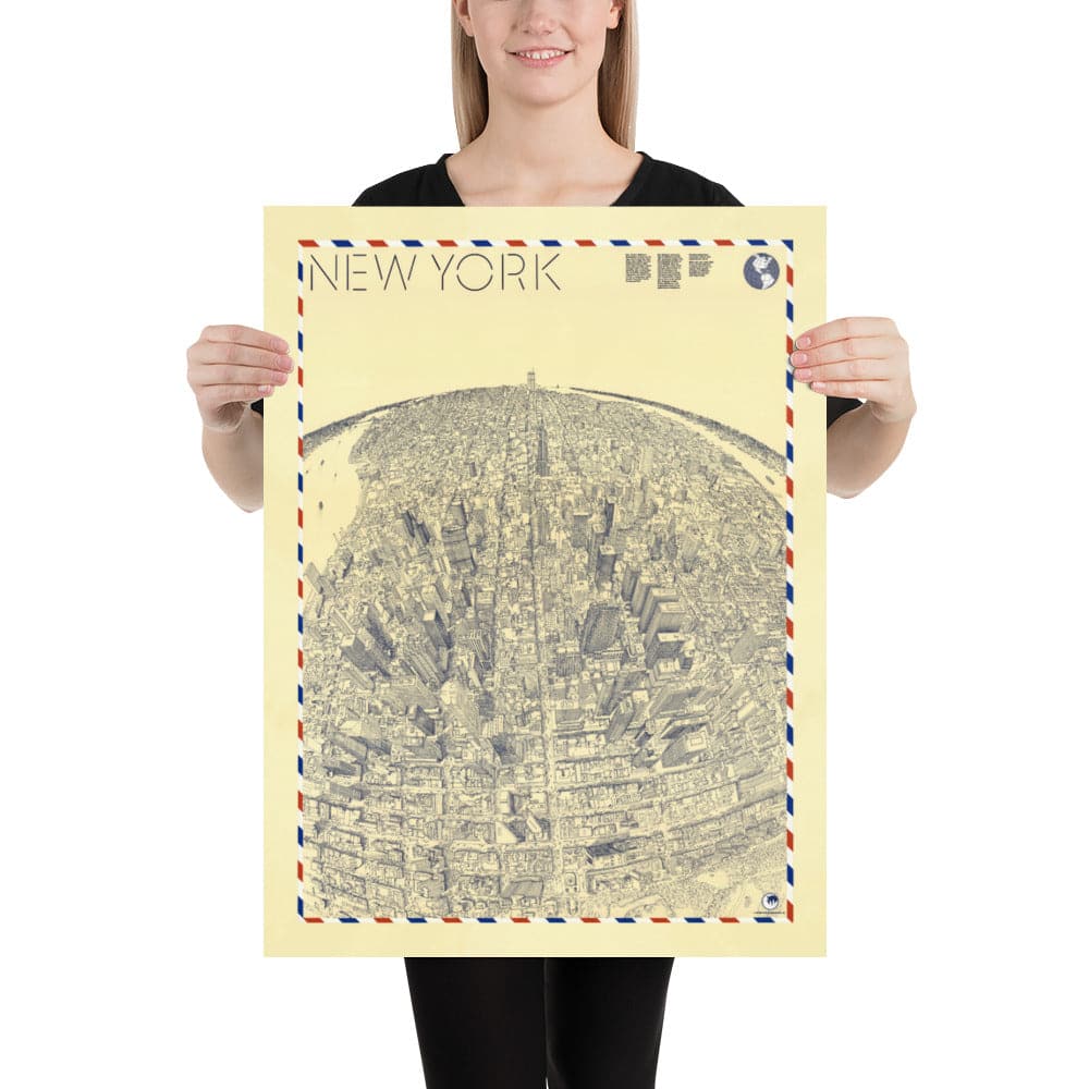 Mapa de ojos Old Birds de Nueva York en 1982 - Manhattan, Midtown, Empire State, Chrysler, Torres gemelas, Parque Central 5th Avenue