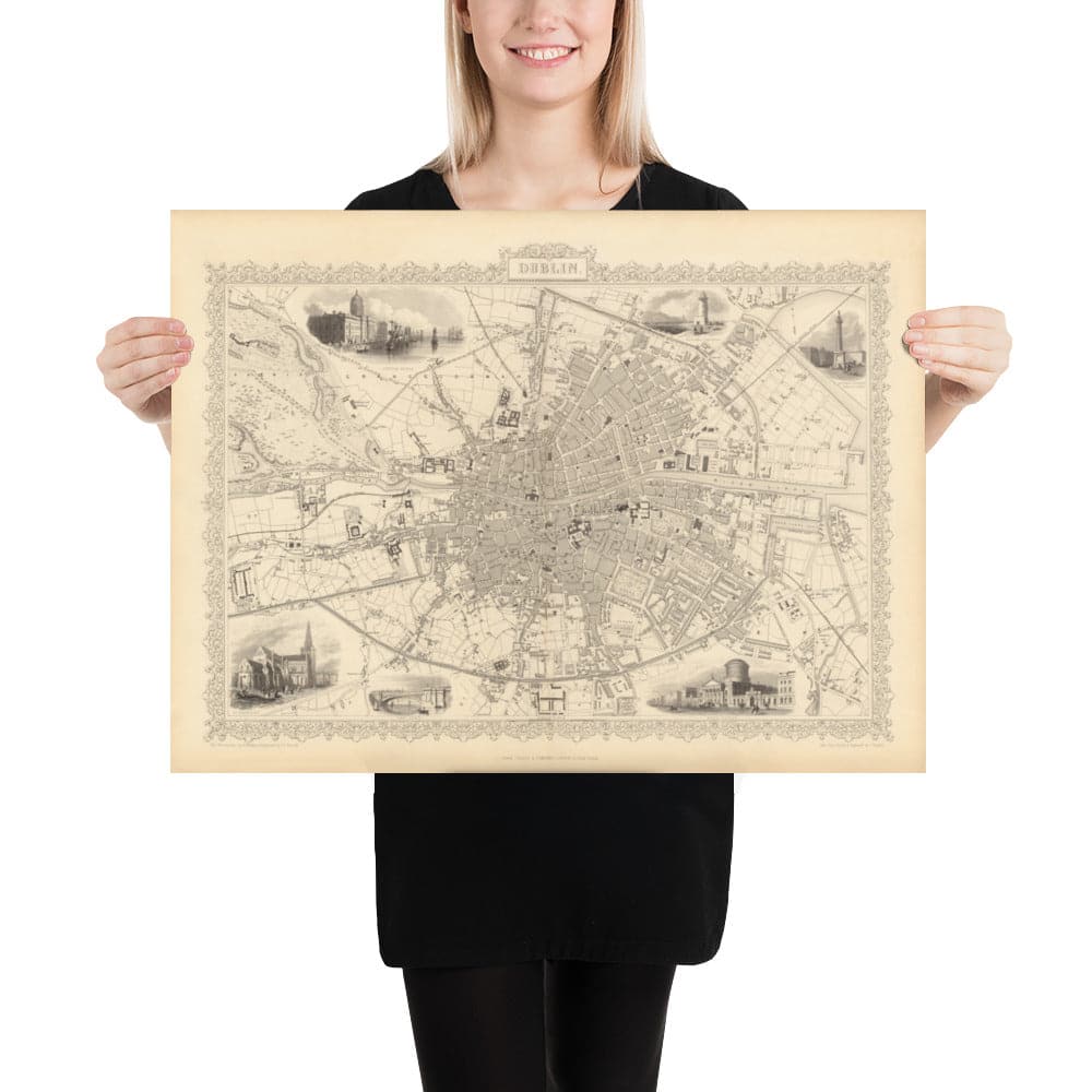 Old Map of Dublin, Ireland, 1851 by Tallis & Rapkin - Central, Temple Bar, Stoneybatter, Docklands, Liffey, Leinster