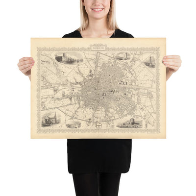Old Map of Dublin, Ireland, 1851 by Tallis & Rapkin - Central, Temple Bar, Stoneybatter, Docklands, Liffey, Leinster