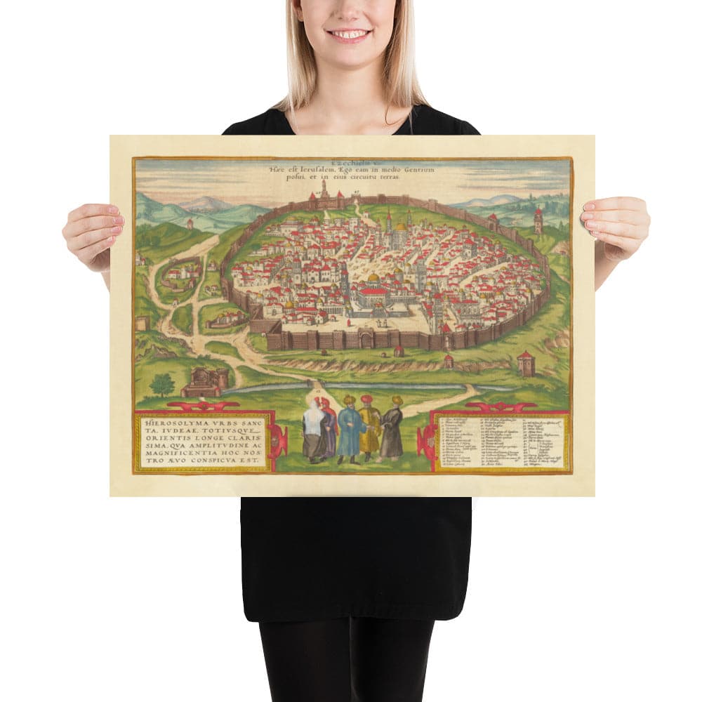 Old Map of Jerusalem, 1582 by Georg Braun - Jewish & Islam Old City, Temple Mount, City Walls, Tower of David, Jaffa Gate
