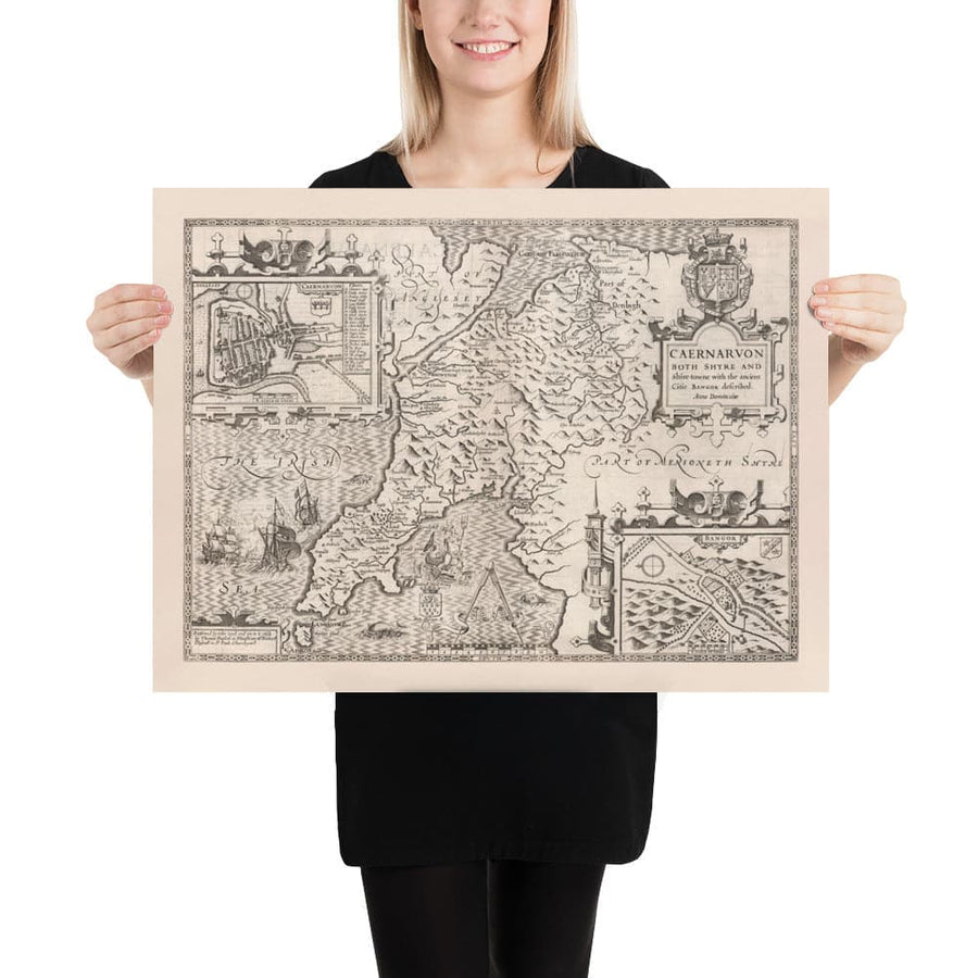 Ancienne carte monochrome de Caernarfonshire, Pays de Galles, 1611 par John Speed - Caernarfon, Snowdon, Gwynedd, Bangor, Conwy, Llandudno 