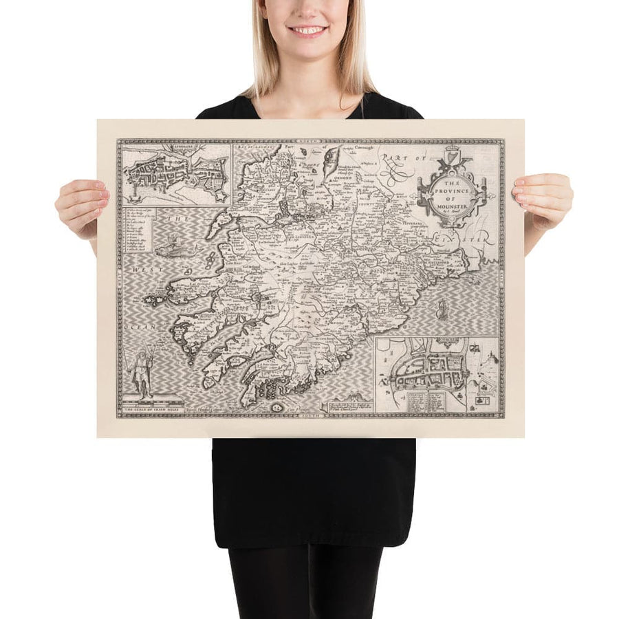 Vieille carte monochrome de Munster, Irlande en 1611 par John Speed ​​- County Cork, Clare, Kerry, Limerick, Tipperary, Waterford, Dingle