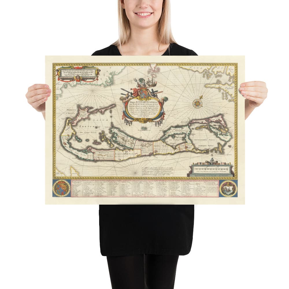 Mapa antiguo de las Bermudas, 1640 por Willem Blaeu - Tribus y Parroquias de las Islas Somers