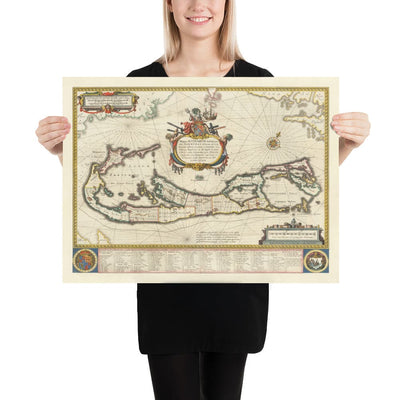 Mapa antiguo de las Bermudas, 1640 por Willem Blaeu - Tribus y Parroquias de las Islas Somers