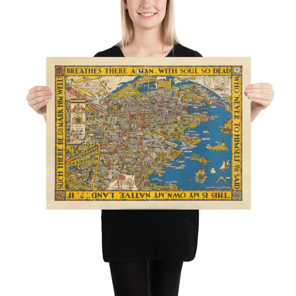 Old Pictorial Map of Sydney, 1932 by Russell Lloyd - Harbour Bridge, Bays, Central Station, Botanic Gardens & Mermaids!