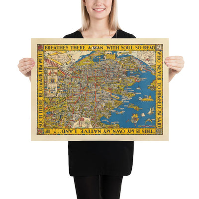 Old Pictorial Map of Sydney, 1932 by Russell Lloyd - Harbour Bridge, Bays, Central Station, Botanic Gardens & Mermaids!