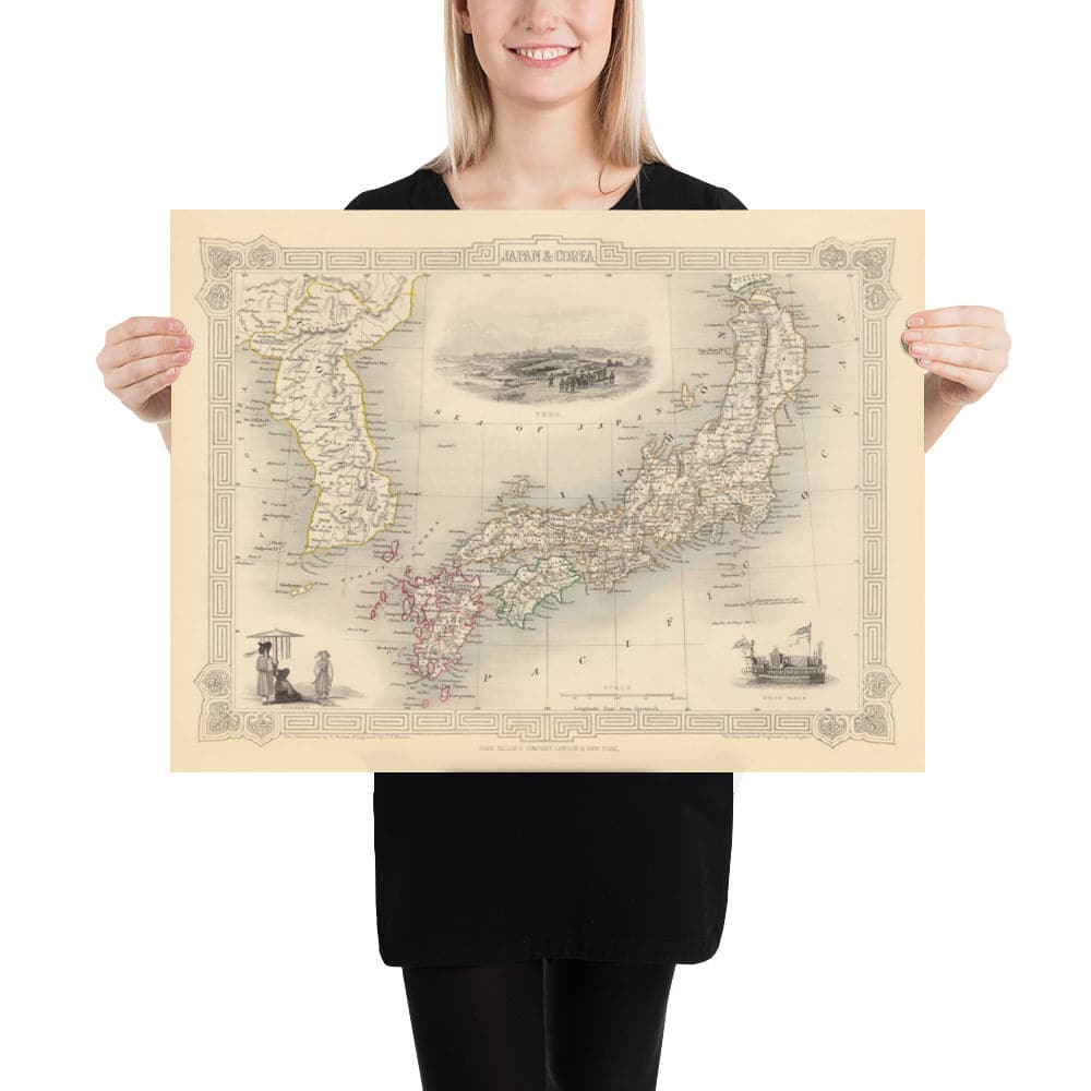 Old Map of Japan & Korea, 1851 by Tallis and Rapkin - Kyushu, Honshu, Shikoku, Hokkaido, Tokyo, Seoul