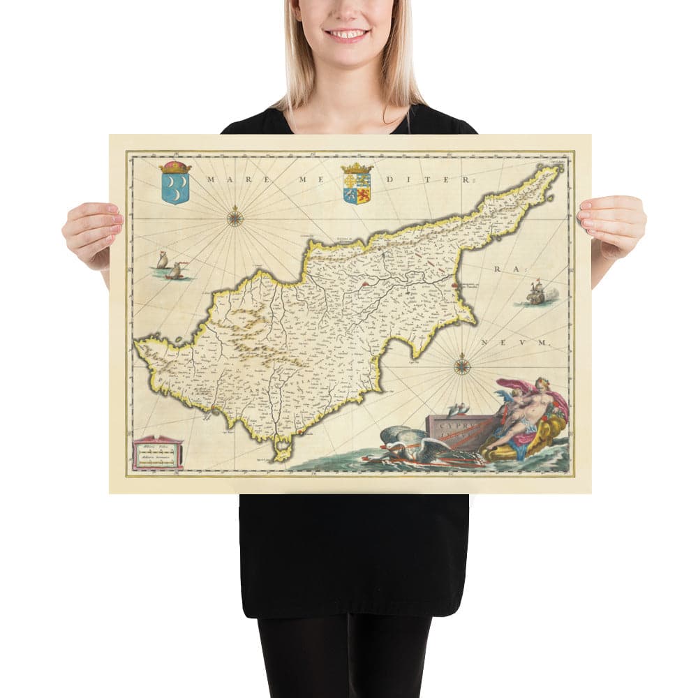 Mapa antiguo de Chipre por Willem Blaeu, 1640 - Nicosia, Kyrenia, Famagusta, Limassol, Pafos, Larnaca