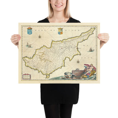 Mapa antiguo de Chipre por Willem Blaeu, 1640 - Nicosia, Kyrenia, Famagusta, Limassol, Pafos, Larnaca