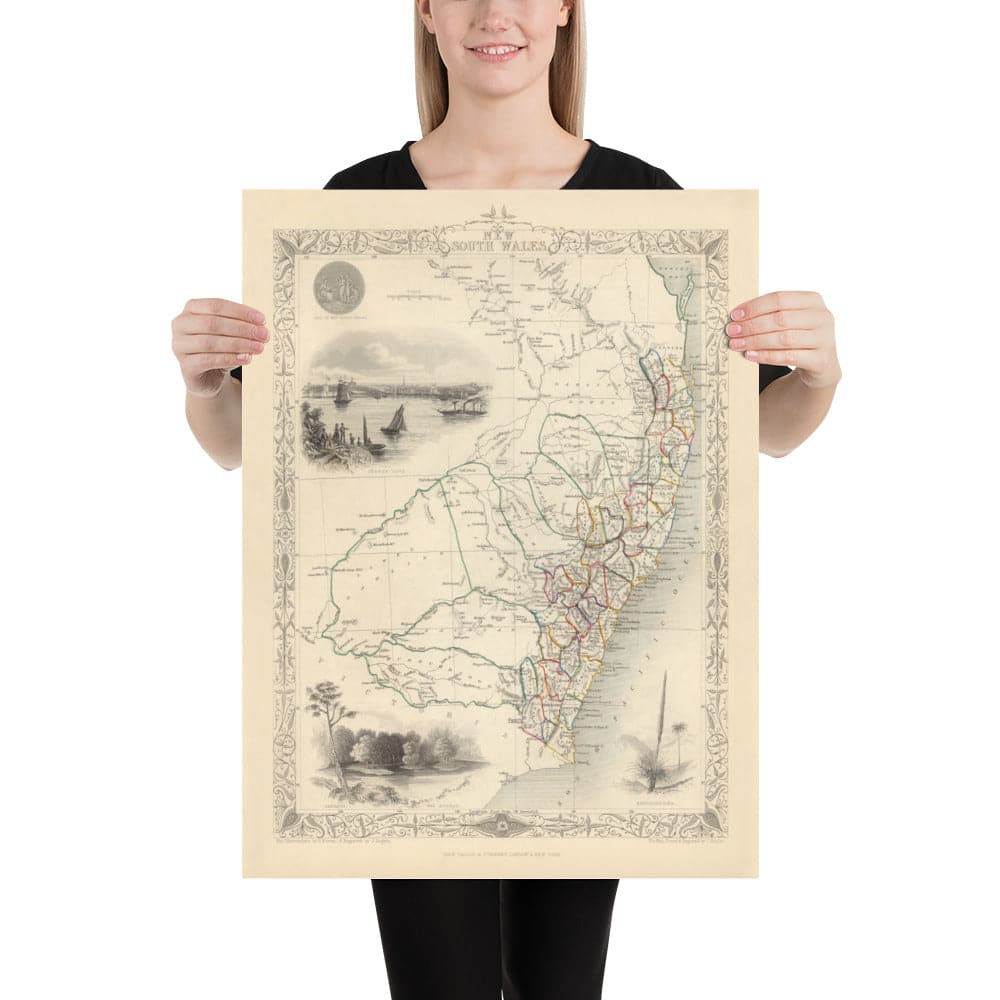 Ancienne carte de la Nouvelle-Galles du Sud, Australie 1851 par Tallis & Rapkin - Sydney, Newcastle, Brisbane, Botany Bay, comtés NSW