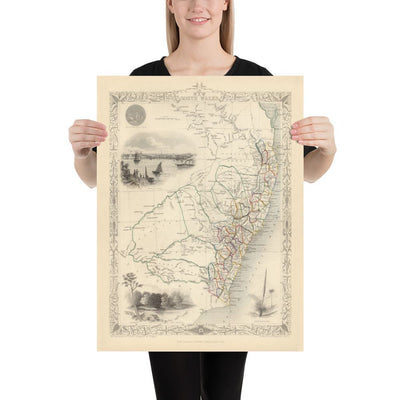 Ancienne carte de la Nouvelle-Galles du Sud, Australie 1851 par Tallis & Rapkin - Sydney, Newcastle, Brisbane, Botany Bay, comtés NSW