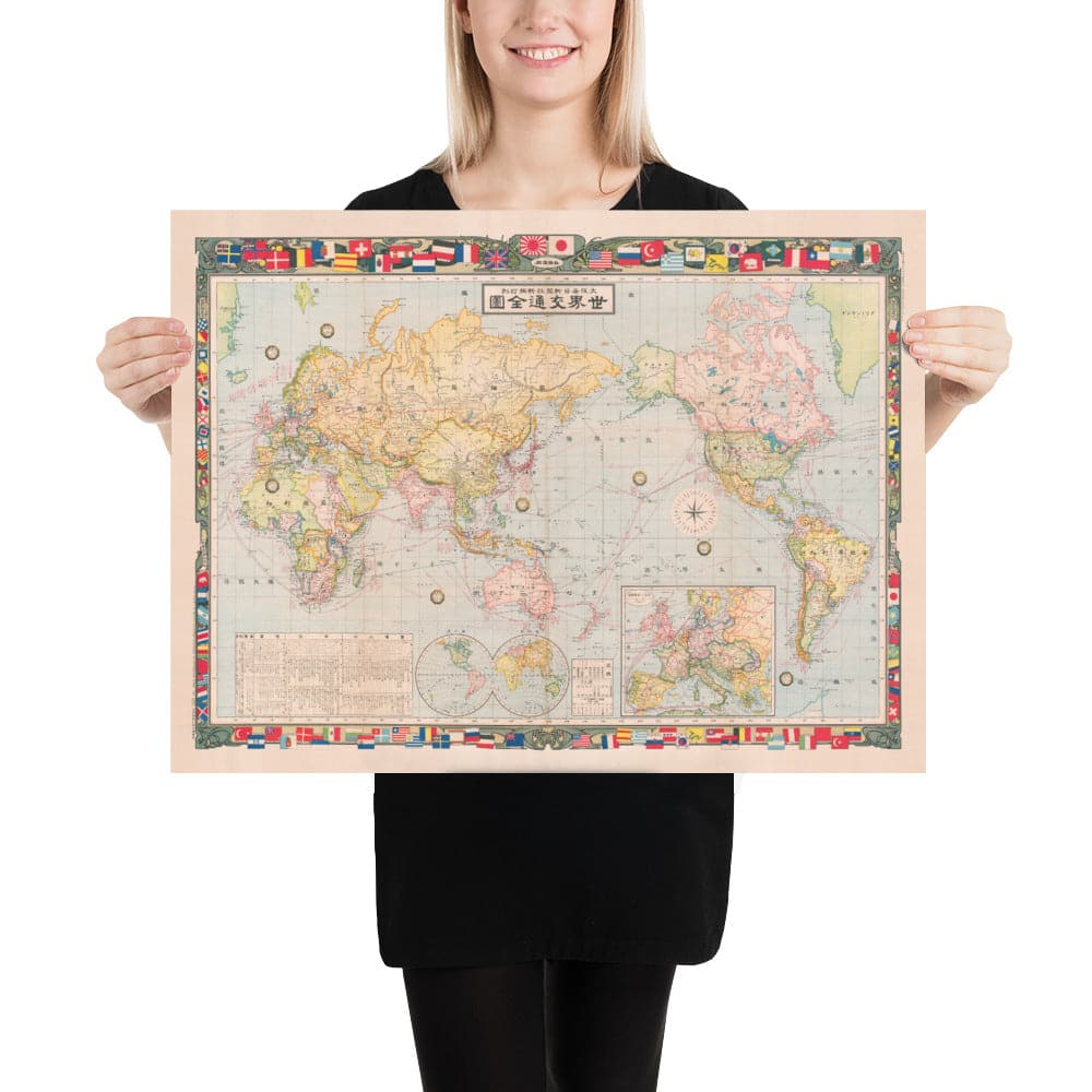 Old Japanese World Map, 1910 - Large Rare Atlas - Japan, Shipping Lanes, Currents, Merchant Navy, Railways