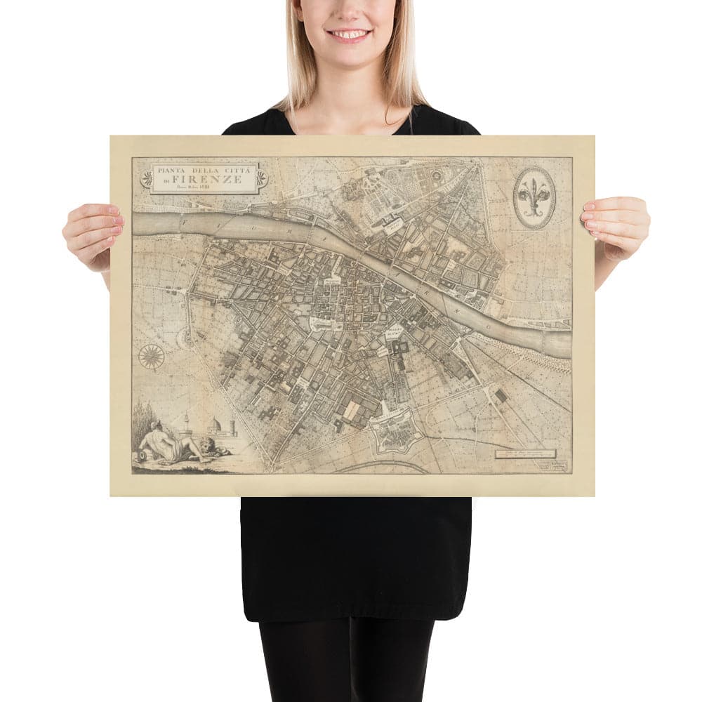 Old Map of Florence, Firenze, 1847 by Molini & Ruggieri - Uffizi, Santa Croce, Santo Spirito, Duomo, Piazzas, Palazzos, Ponte Vecchio