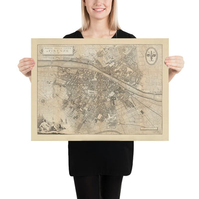 Old Map of Florence, Firenze, 1847 by Molini & Ruggieri - Uffizi, Santa Croce, Santo Spirito, Duomo, Piazzas, Palazzos, Ponte Vecchio
