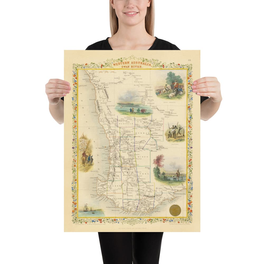 Mapa antiguo de Australia Occidental, 1851 por Tallis & Rapkin - Colonia Británica del Río Swan, Perth, Peel, Bunbury, Fremantle