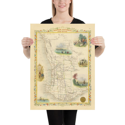 Mapa antiguo de Australia Occidental, 1851 por Tallis & Rapkin - Colonia Británica del Río Swan, Perth, Peel, Bunbury, Fremantle