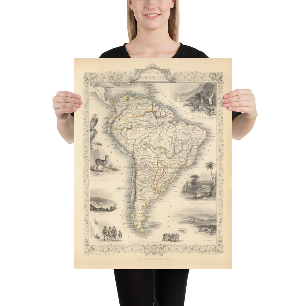 Mapa antiguo de América del Sur, 1851 por Tallis & Rapkin - Colonialismo portugués, Lavado de oro, Amazonas, Brasil, Colombia