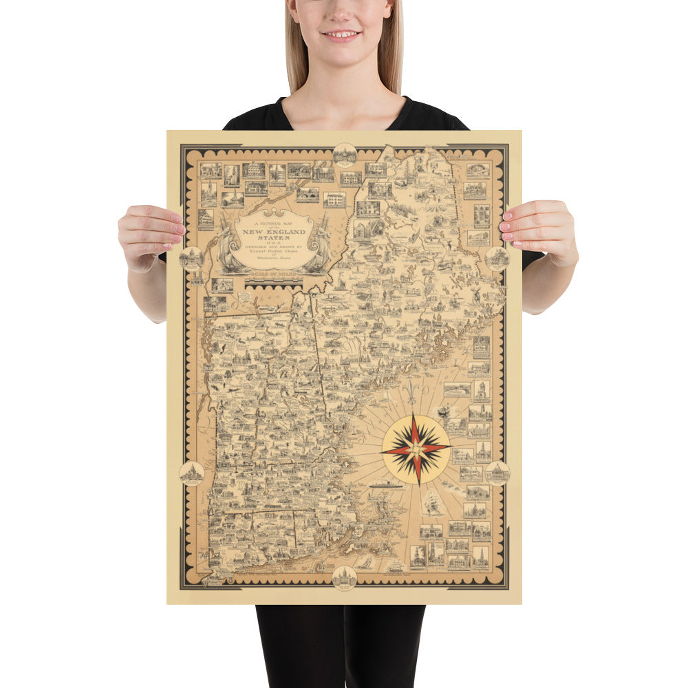 Old Pictorial Map of New England, USA, 1939 by Ernest Dudley Chase - Maine, Vermont, New Hampshire, Massachusetts, Connecticut, Rhode Island