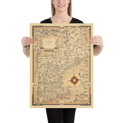 Old Pictorial Map of New England, USA, 1939 by Ernest Dudley Chase - Maine, Vermont, New Hampshire, Massachusetts, Connecticut, Rhode Island